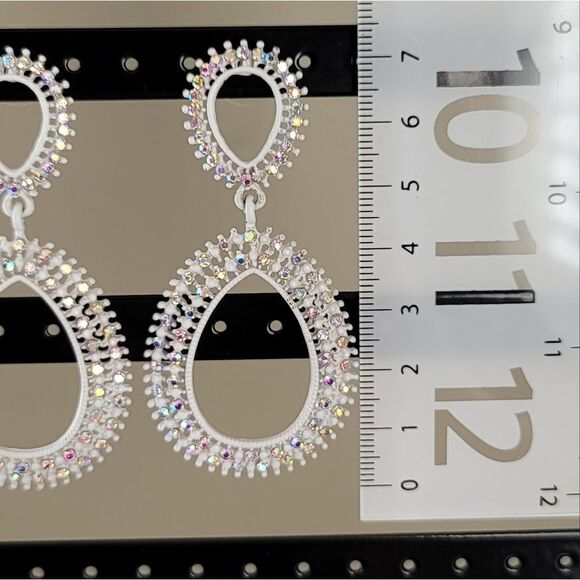 Earrings Double Teardrop White Aurora Borealis Crystal Earrings #0062 - Picture 6 of 13